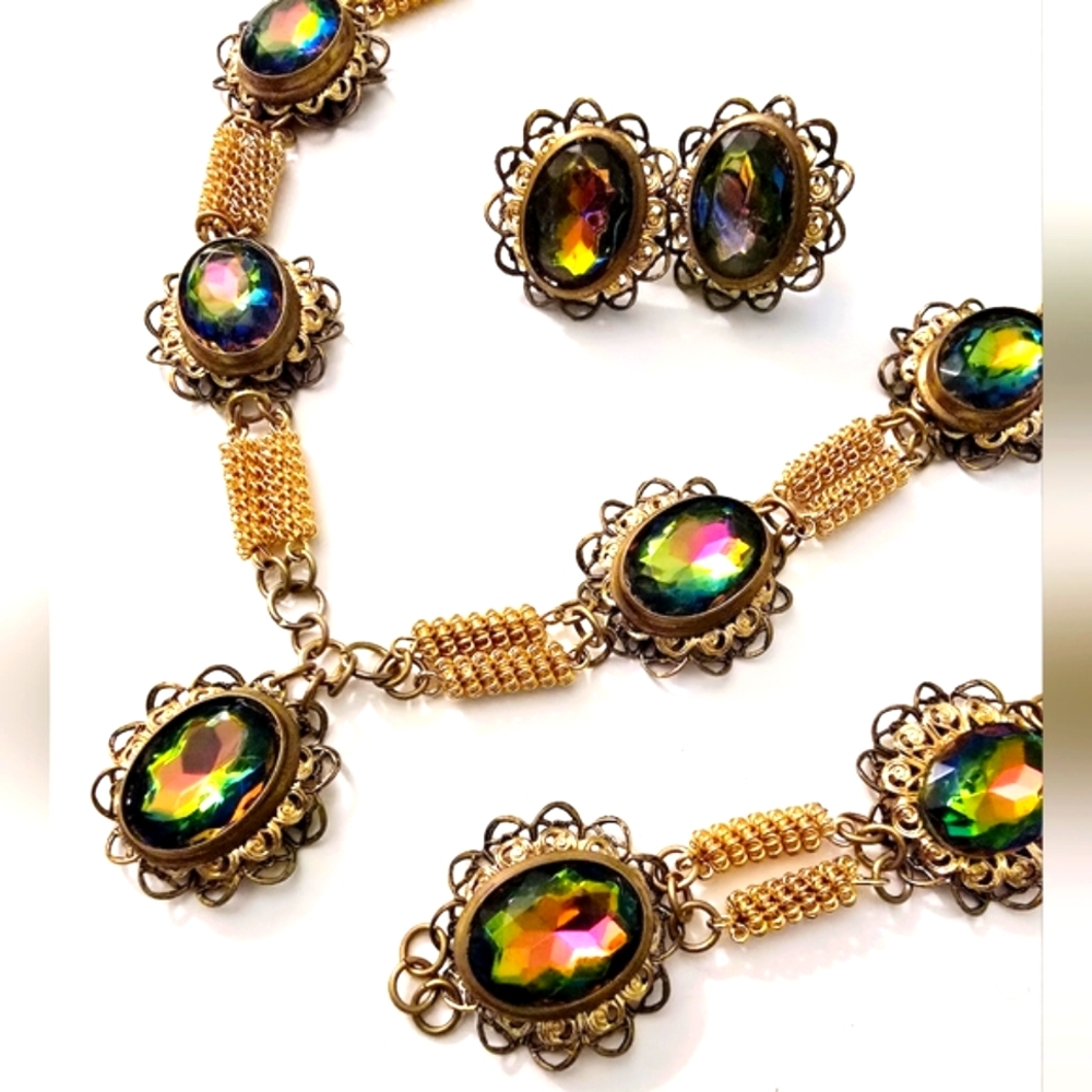 Vintage heliotrope watermelon rainbow rhinestone necklace bracelet earrings set